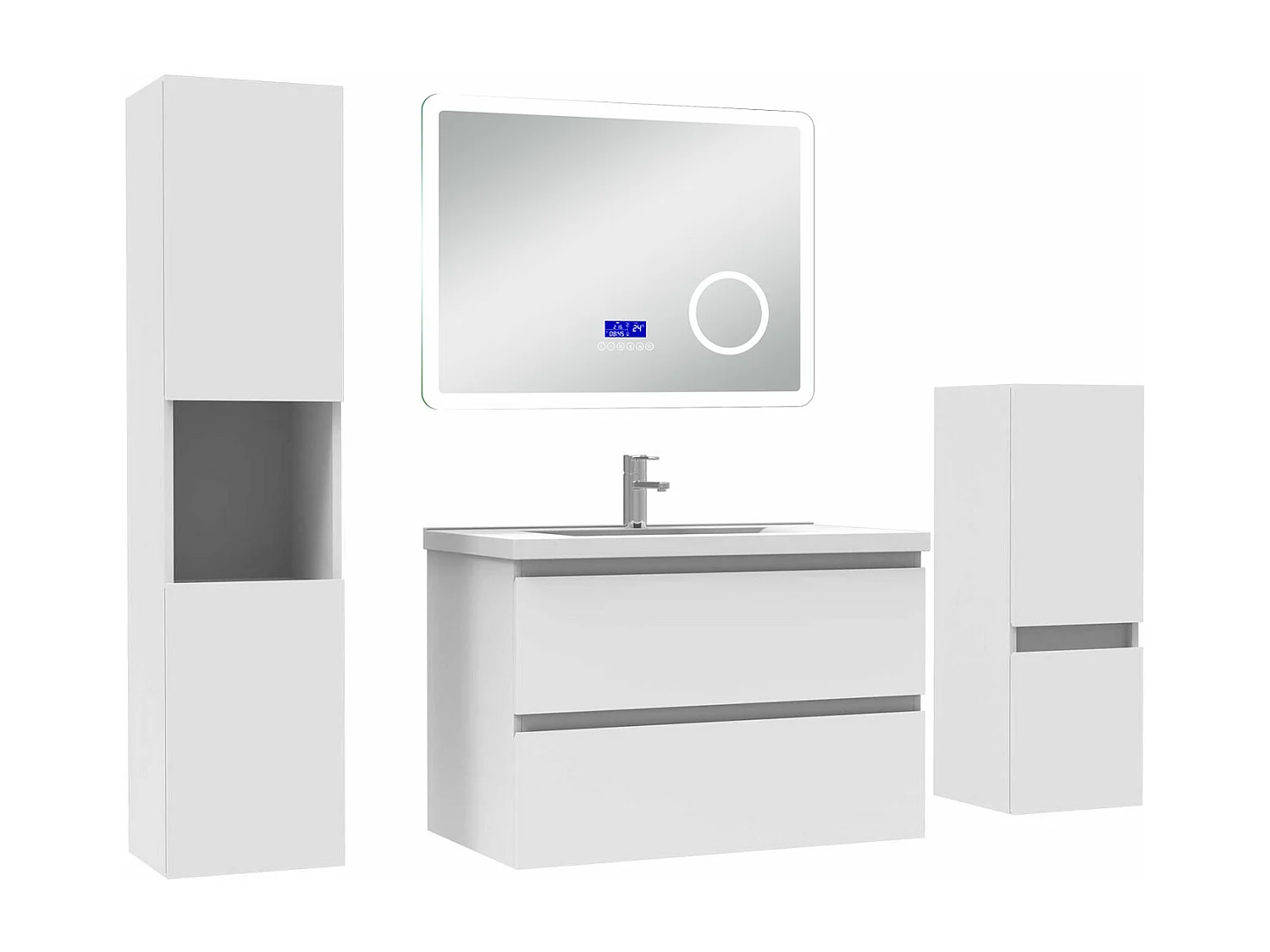 AICA Ensemble meuble Salle de Bain 80cm blanc avec 2 colonnes, simple vasque et Led miroir dimmable avec 3 couleurs, Bluetooth et 3X grossissement.