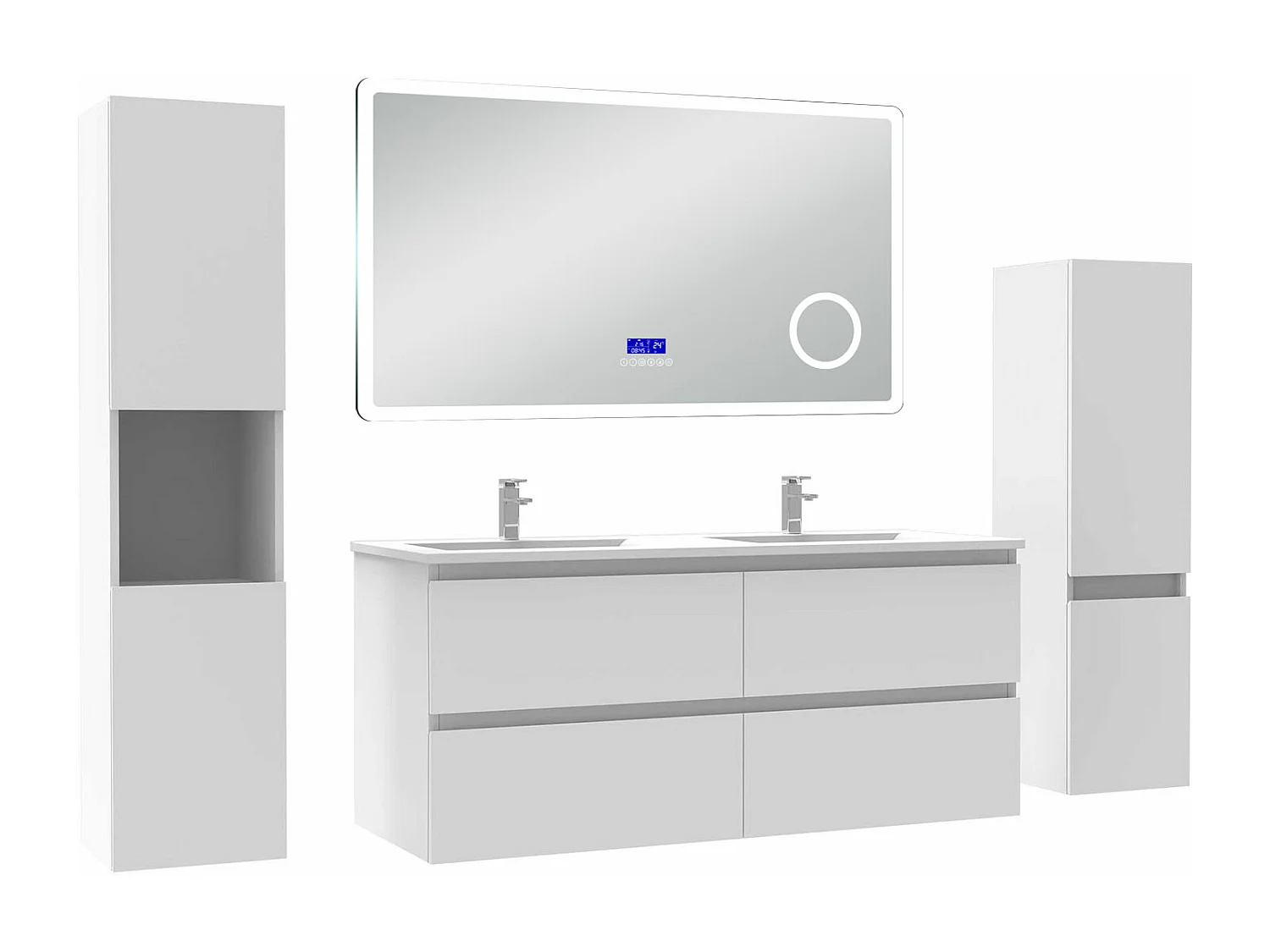 AICA Ensemble meuble Salle de Bain 120cm blanc avec 2 colonnes, simple vasque et Led miroir dimmable avec 3 couleurs, Bluetooth et 3X grossissement.