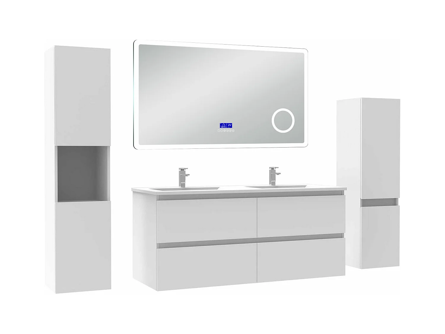 AICA Ensemble meuble Salle de Bain 120cm blanc avec 2 colonnes, simple vasque et Led miroir dimmable avec 3 couleurs, Bluetooth et 3X grossissement.