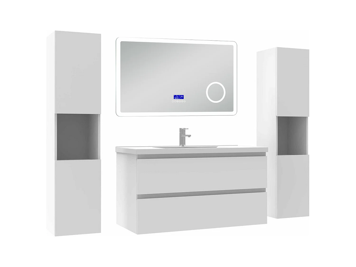 AICA Ensemble meuble Salle de Bain 100cm blanc avec 2 colonnes, simple vasque et Led miroir dimmable avec 3 couleurs, Bluetooth et 3X grossissement.