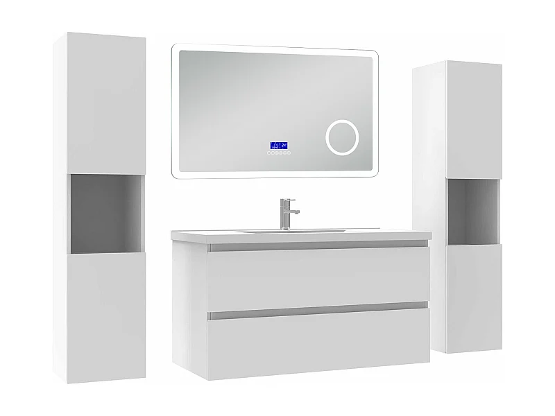 AICA Ensemble meuble Salle de Bain 100cm blanc avec 2 colonnes, simple vasque et Led miroir dimmable avec 3 couleurs, Bluetooth et 3X grossissement.