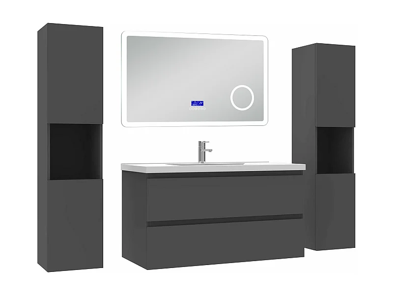 AICA Ensemble meuble Salle de Bain Anthracite 100cm avec 2 colonnes, simple vasque et Led miroir dimmable avec 3 couleurs, Bluetooth et 3X grossissement.