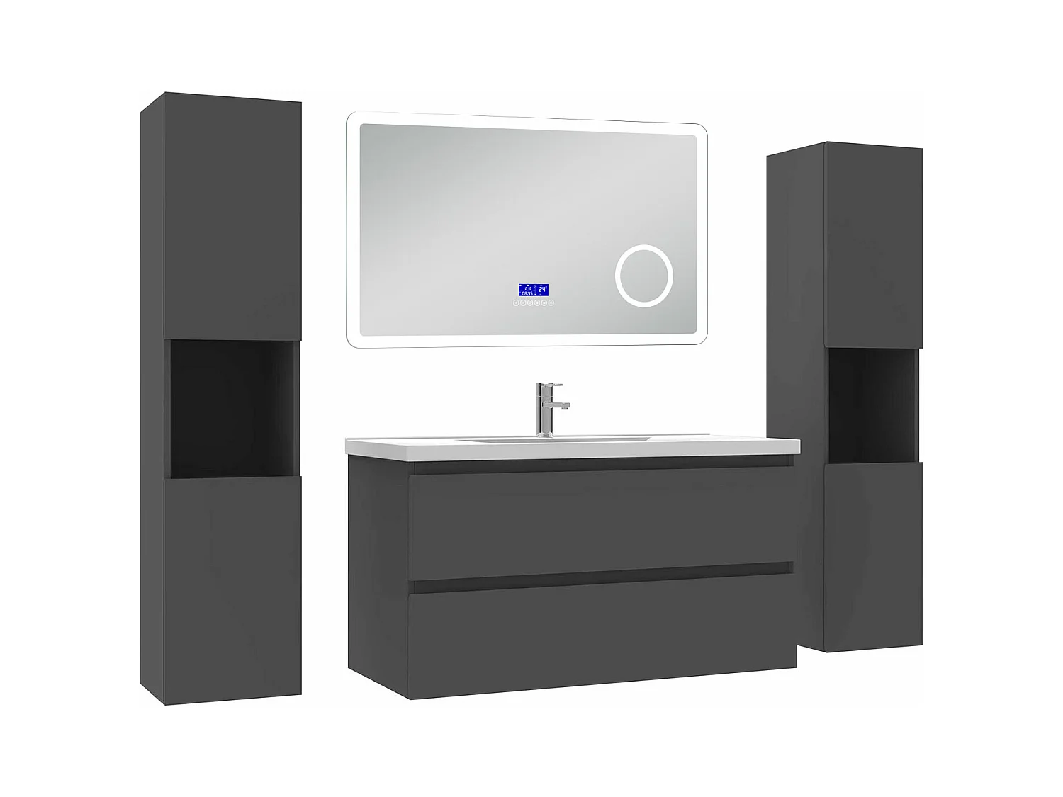 AICA Ensemble meuble Salle de Bain Anthracite 100cm avec 2 colonnes, simple vasque et Led miroir dimmable avec 3 couleurs, Bluetooth et 3X grossissement.
