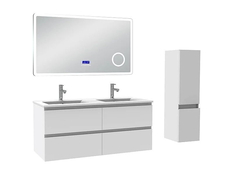 AICA Ensemble meuble Salle de Bain 120cm blanc avec colonne, simple vasque et Led miroir dimmable avec 3 couleurs, Bluetooth et 3X grossissement.