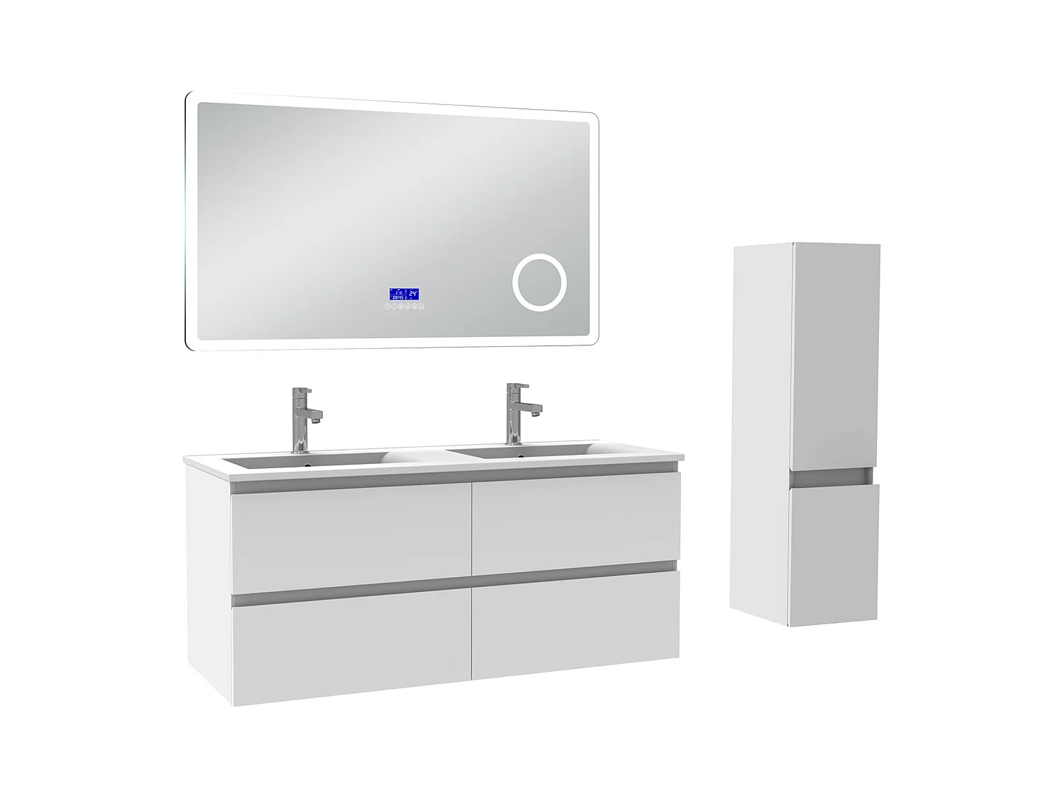 AICA Ensemble meuble Salle de Bain 120cm blanc avec colonne, simple vasque et Led miroir dimmable avec 3 couleurs, Bluetooth et 3X grossissement.