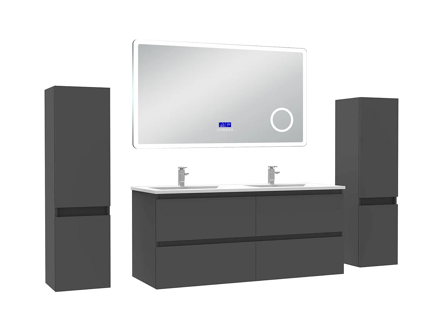 AICA Ensemble meuble Salle de Bain Anthracite 120cm avec 2 colonnes, simple vasque et Led miroir dimmable avec 3 couleurs, Bluetooth et 3X grossissement.