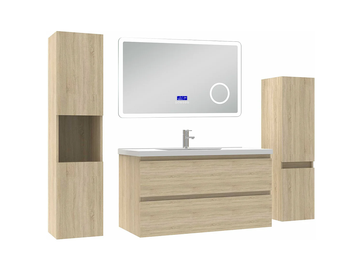 AICA Ensemble meuble Salle de Bain Chêne Wotan 100cm avec 2 colonnes, simple vasque et Led miroir dimmable avec 3 couleurs, Bluetooth et 3X grossissement.