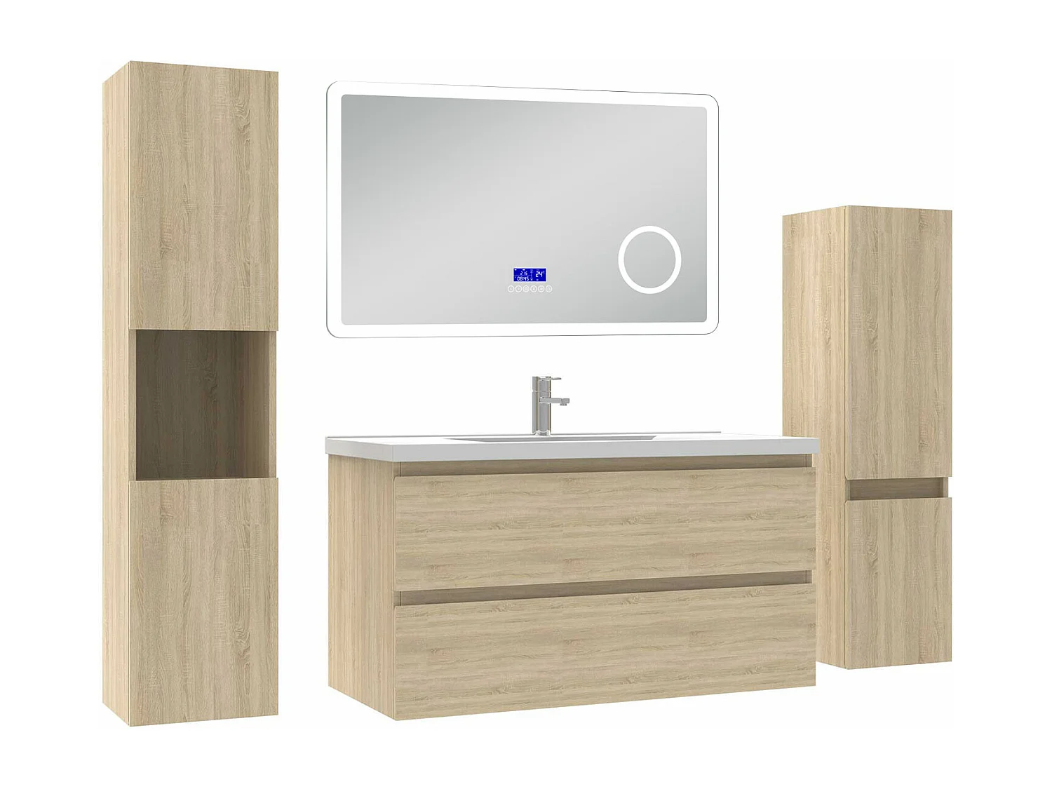 AICA Ensemble meuble Salle de Bain Chêne Wotan 100cm avec 2 colonnes, simple vasque et Led miroir dimmable avec 3 couleurs, Bluetooth et 3X grossissement.