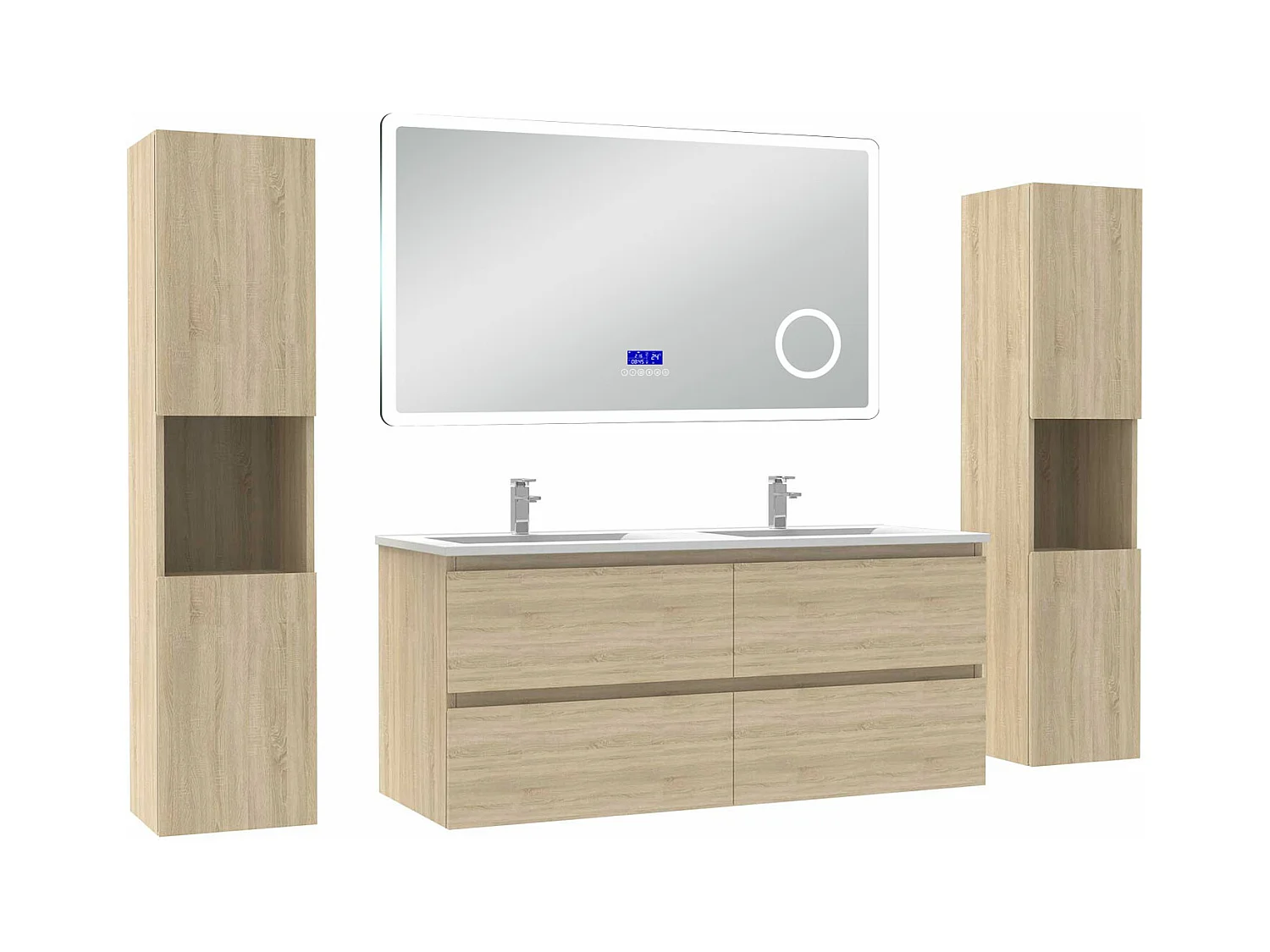 AICA Ensemble meuble Salle de Bain Chêne Wotan 120cm avec 2 colonnes, simple vasque et Led miroir dimmable avec 3 couleurs, Bluetooth et 3X grossissement.