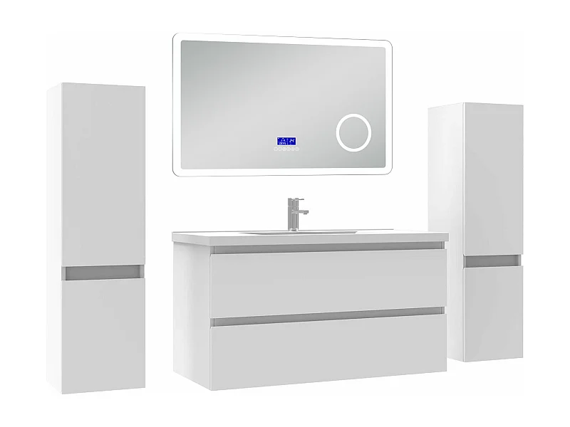 AICA Ensemble meuble Salle de Bain 100cm blanc avec 2 colonnes, simple vasque et Led miroir dimmable avec 3 couleurs, Bluetooth et 3X grossissement.