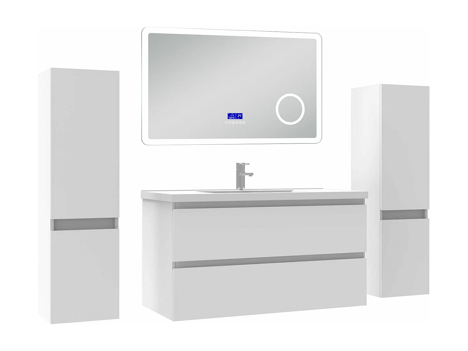 AICA Ensemble meuble Salle de Bain 100cm blanc avec 2 colonnes, simple vasque et Led miroir dimmable avec 3 couleurs, Bluetooth et 3X grossissement.