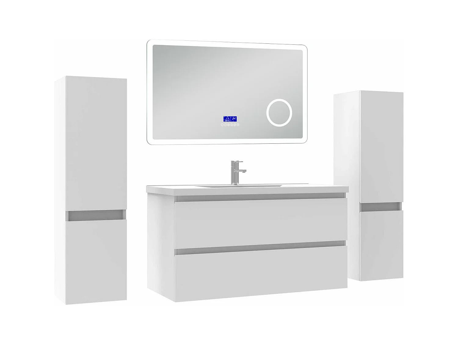 AICA Ensemble meuble Salle de Bain 100cm blanc avec 2 colonnes, simple vasque et Led miroir dimmable avec 3 couleurs, Bluetooth et 3X grossissement.