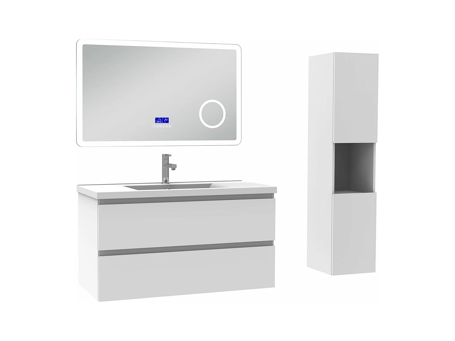 AICA Ensemble meuble Salle de Bain 100cm blanc avec colonne, simple vasque et Led miroir dimmable avec 3 couleurs, Bluetooth et 3X grossissement.
