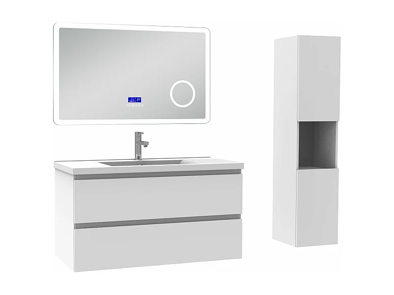 AICA Ensemble meuble Salle de Bain 100cm blanc avec colonne, simple vasque et Led miroir dimmable avec 3 couleurs, Bluetooth et 3X grossissement.