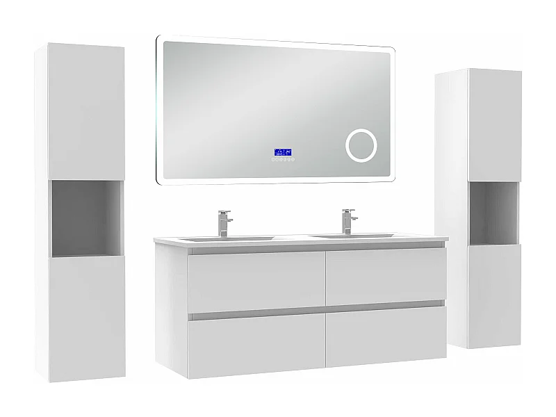 AICA Ensemble meuble Salle de Bain 120cm blanc avec 2 colonnes, simple vasque et Led miroir dimmable avec 3 couleurs, Bluetooth et 3X grossissement.
