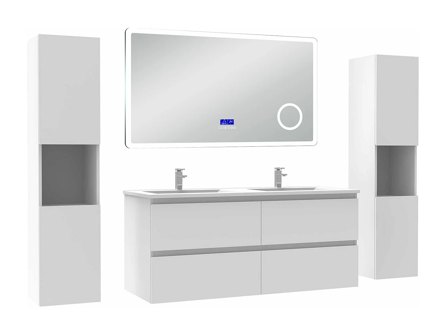 AICA Ensemble meuble Salle de Bain 120cm blanc avec 2 colonnes, simple vasque et Led miroir dimmable avec 3 couleurs, Bluetooth et 3X grossissement.