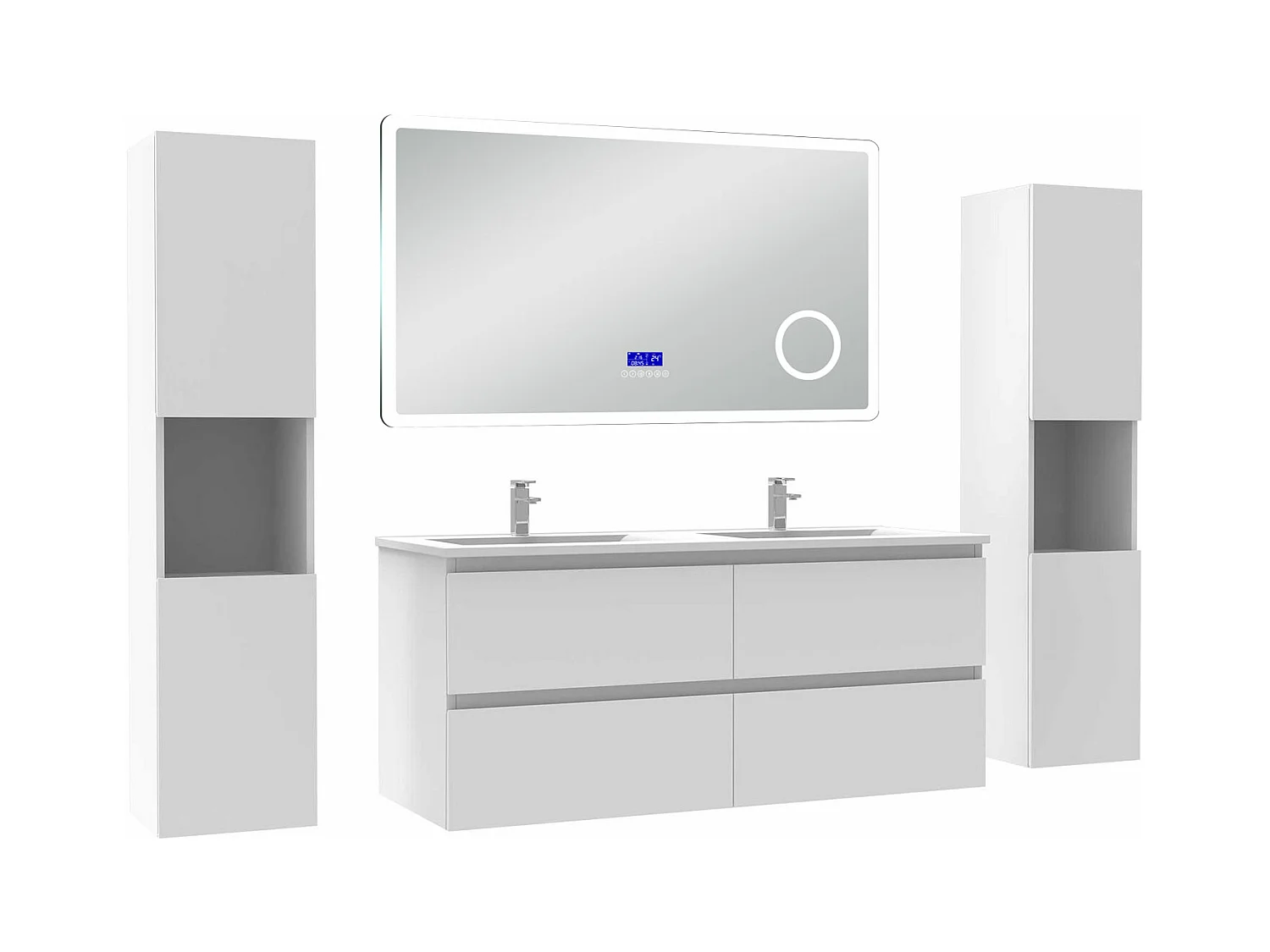 AICA Ensemble meuble Salle de Bain 120cm blanc avec 2 colonnes, simple vasque et Led miroir dimmable avec 3 couleurs, Bluetooth et 3X grossissement.
