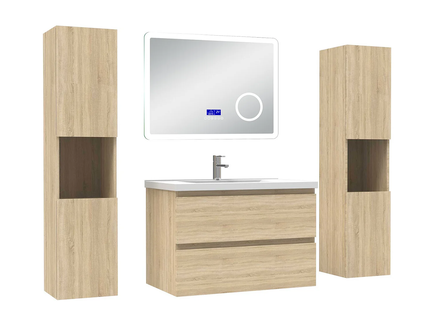 AICA Ensemble meuble Salle de Bain Chêne Wotan 80cm avec 2 colonnes, simple vasque et Led miroir dimmable avec 3 couleurs, Bluetooth et 3X grossissement.