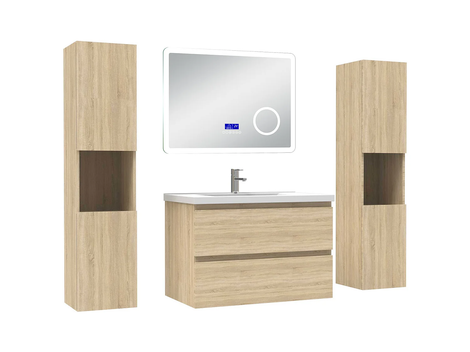 AICA Ensemble meuble Salle de Bain Chêne Wotan 80cm avec 2 colonnes, simple vasque et Led miroir dimmable avec 3 couleurs, Bluetooth et 3X grossissement.