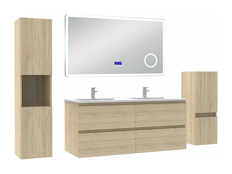 AICA Ensemble meuble Salle de Bain Chêne Wotan 120cm avec 2 colonnes, simple vasque et Led miroir dimmable avec 3 couleurs, Bluetooth et 3X grossissement.