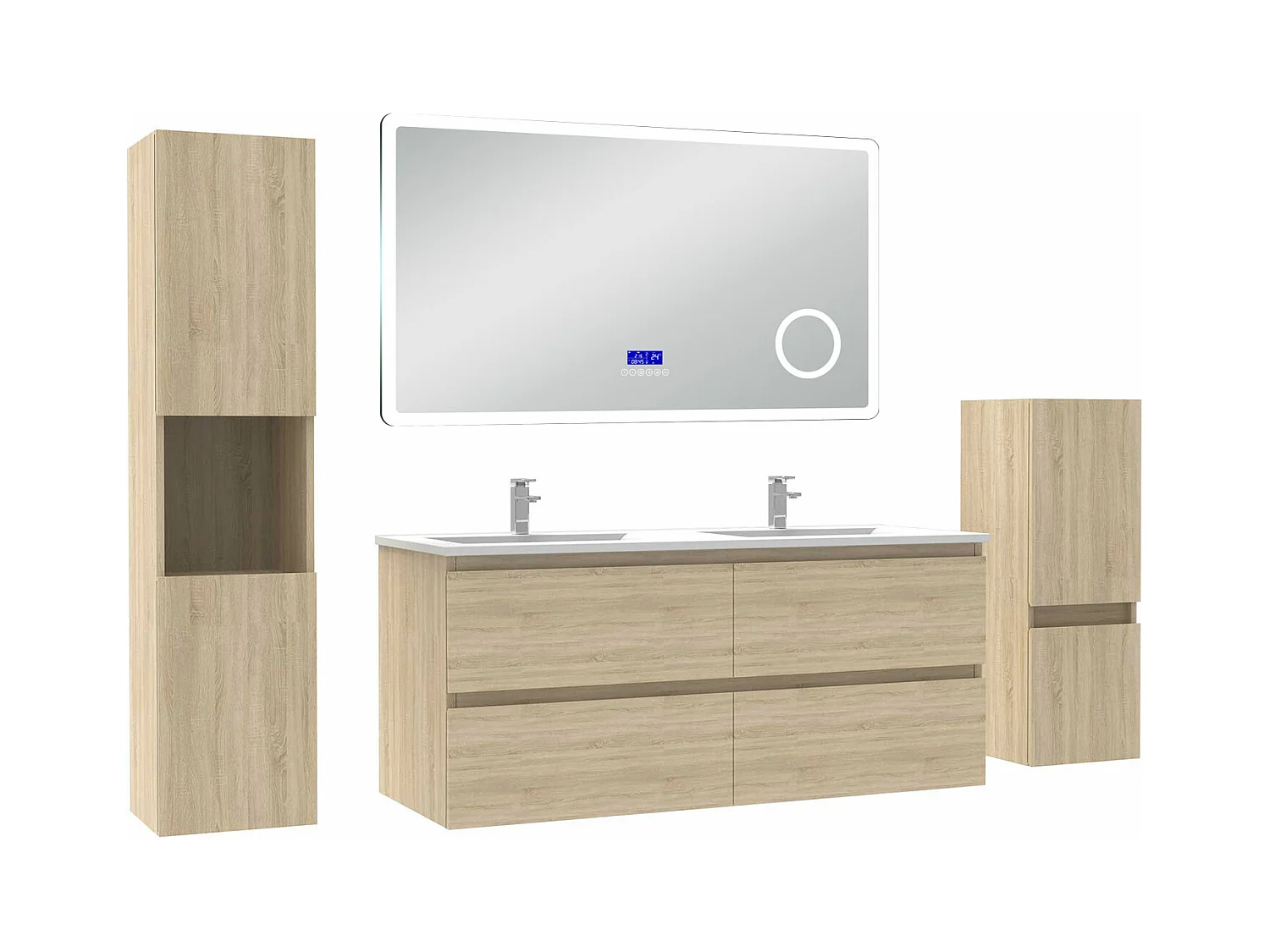 AICA Ensemble meuble Salle de Bain Chêne Wotan 120cm avec 2 colonnes, simple vasque et Led miroir dimmable avec 3 couleurs, Bluetooth et 3X grossissement.
