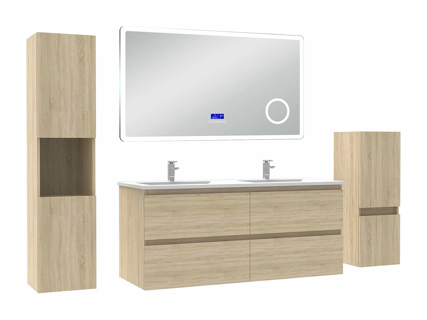 AICA Ensemble meuble Salle de Bain Chêne Wotan 120cm avec 2 colonnes, simple vasque et Led miroir dimmable avec 3 couleurs, Bluetooth et 3X grossissement.
