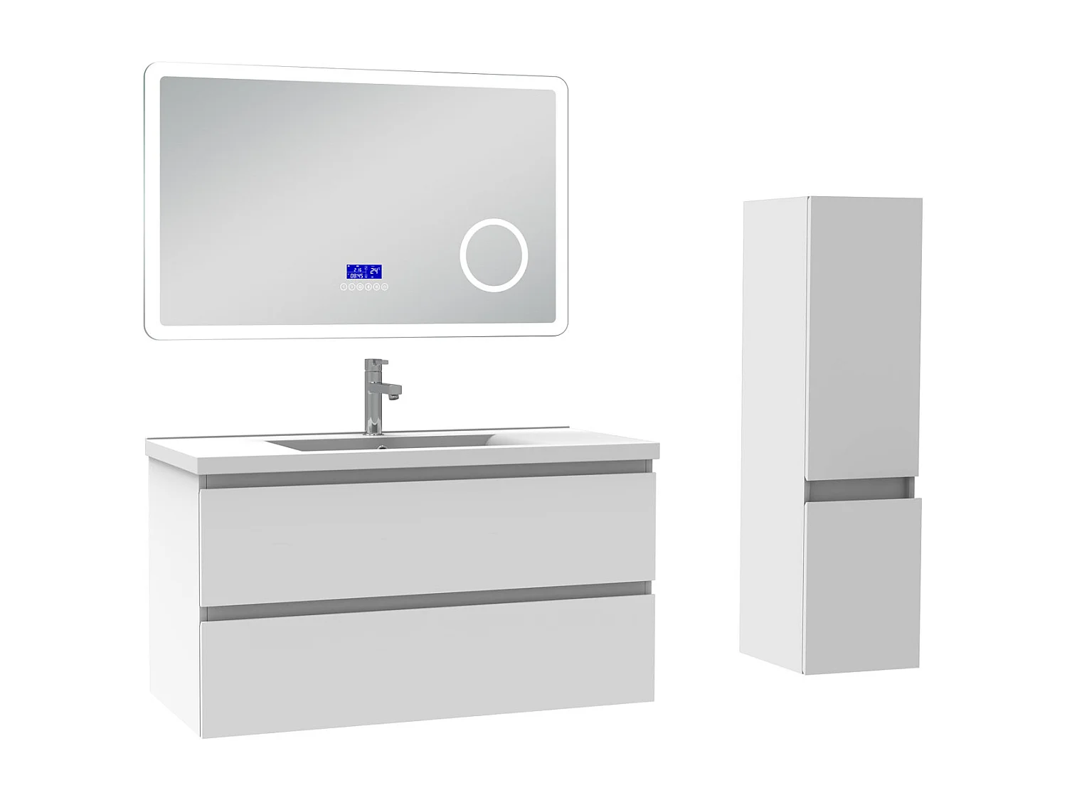 AICA Ensemble meuble Salle de Bain 100cm blanc avec colonne, simple vasque et Led miroir dimmable avec 3 couleurs, Bluetooth et 3X grossissement.