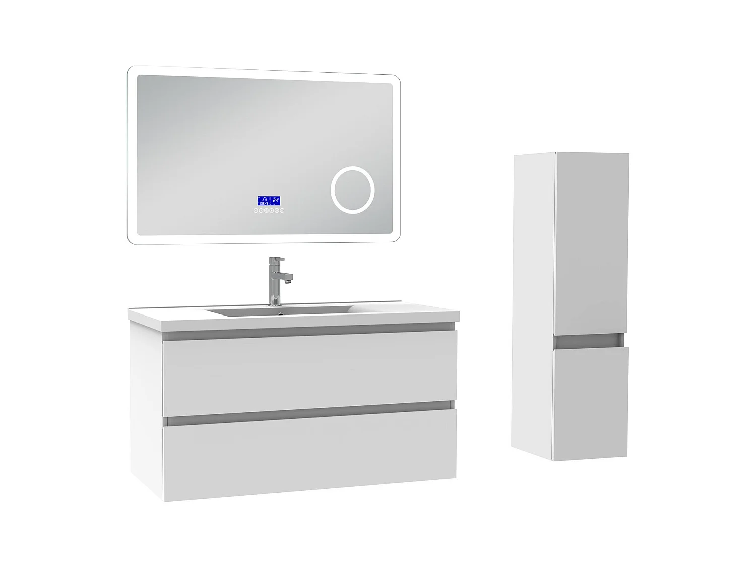 AICA Ensemble meuble Salle de Bain 100cm blanc avec colonne, simple vasque et Led miroir dimmable avec 3 couleurs, Bluetooth et 3X grossissement.