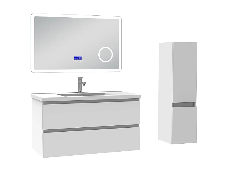 AICA Ensemble meuble Salle de Bain 100cm blanc avec colonne, simple vasque et Led miroir dimmable avec 3 couleurs, Bluetooth et 3X grossissement.