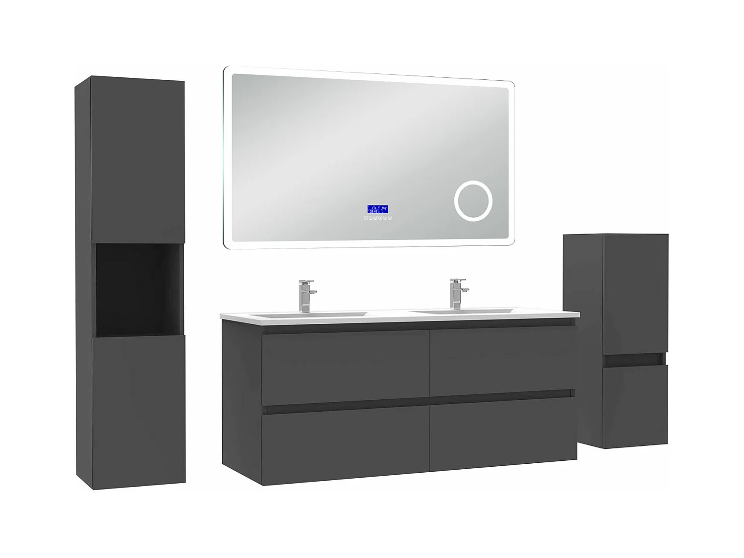 AICA Ensemble meuble Salle de Bain Anthracite 120cm avec 2 colonnes, simple vasque et Led miroir dimmable avec 3 couleurs, Bluetooth et 3X grossissement.