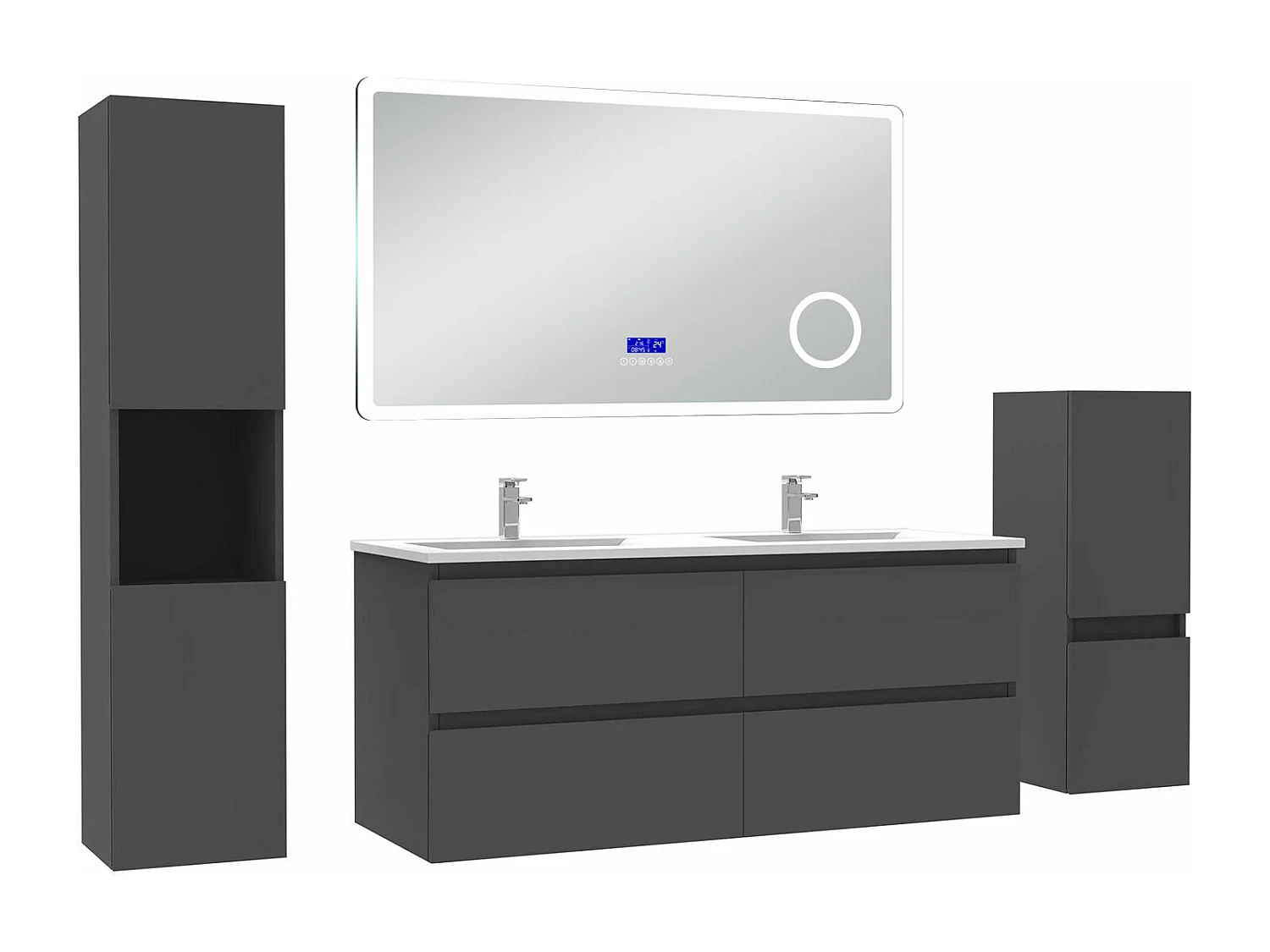 AICA Ensemble meuble Salle de Bain Anthracite 120cm avec 2 colonnes, simple vasque et Led miroir dimmable avec 3 couleurs, Bluetooth et 3X grossissement.
