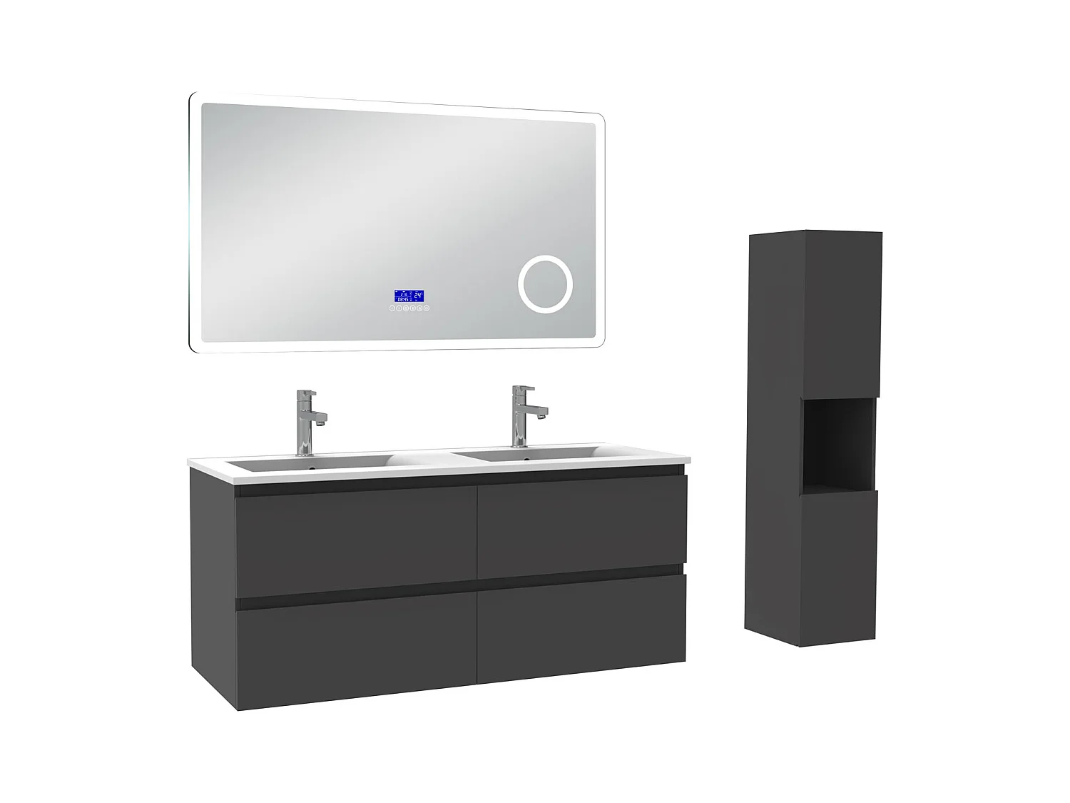 AICA Ensemble meuble Salle de Bain Anthracite 120cm avec colonne, simple vasque et Led miroir dimmable avec 3 couleurs, Bluetooth et 3X grossissement.