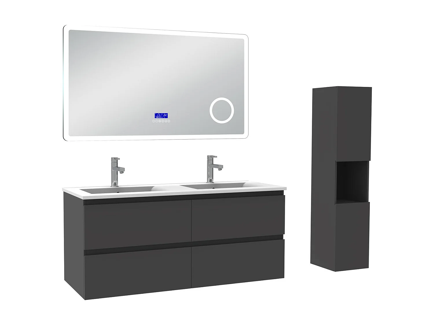 AICA Ensemble meuble Salle de Bain Anthracite 120cm avec colonne, simple vasque et Led miroir dimmable avec 3 couleurs, Bluetooth et 3X grossissement.