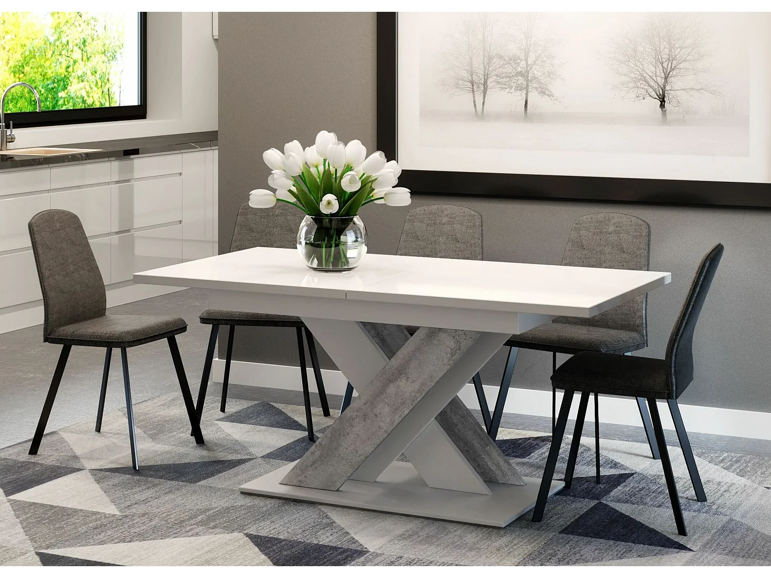 TABLE A MANGER EXTENSIBLE BRUCE - BETON ET BLANC 140 - 180 CM