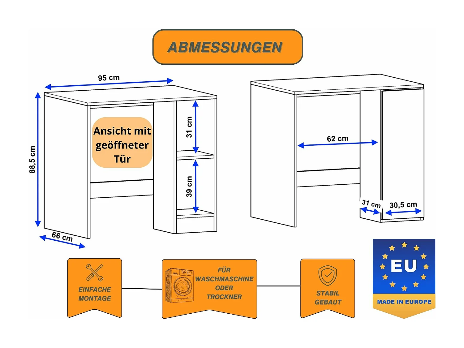 CraftPAK Waschmaschinenschrank geeignet für Waschmaschine & Wäschetrockner 95x89x66cm