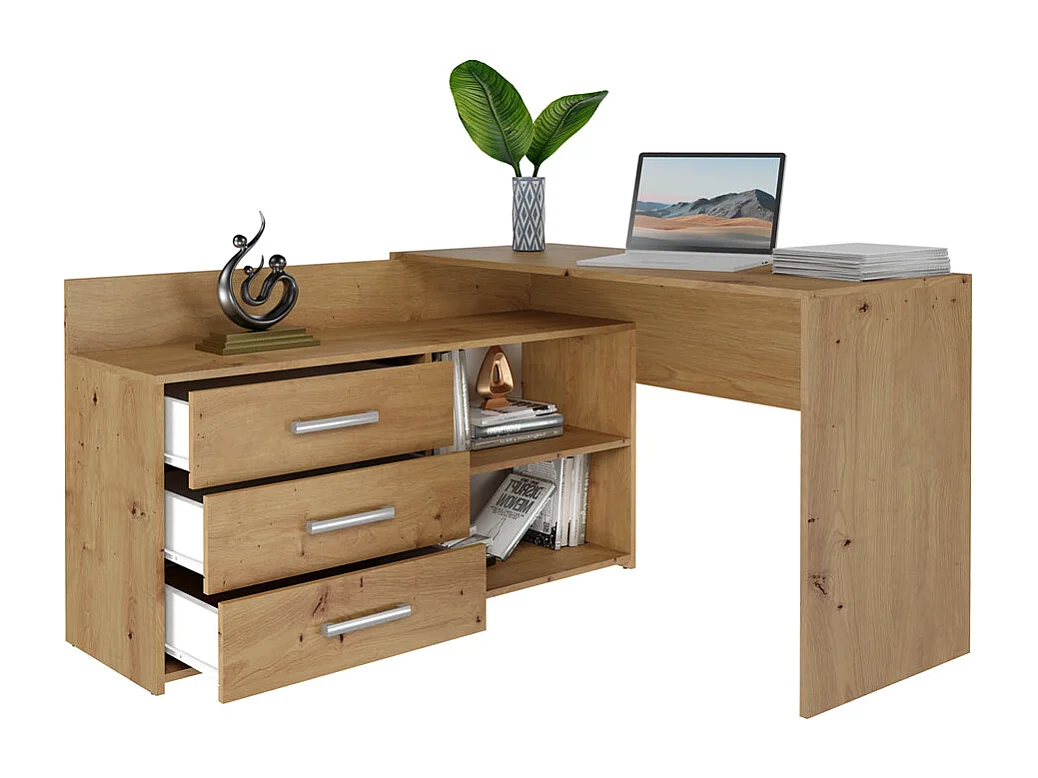 bureau d'angle noze 3 tiroirs bois chêne 120x50x76 cm