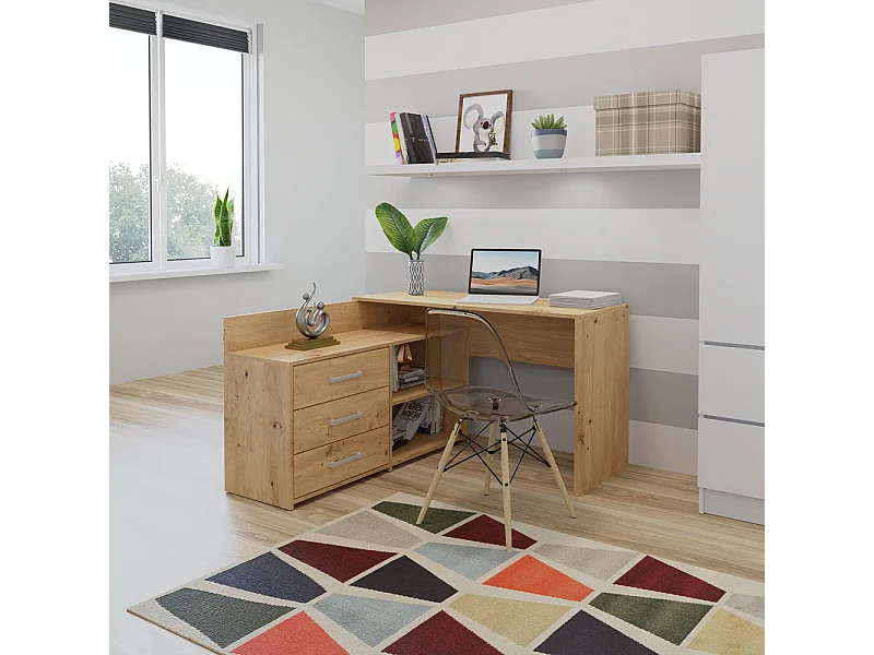 bureau d'angle noze 3 tiroirs bois chêne 120x50x76 cm