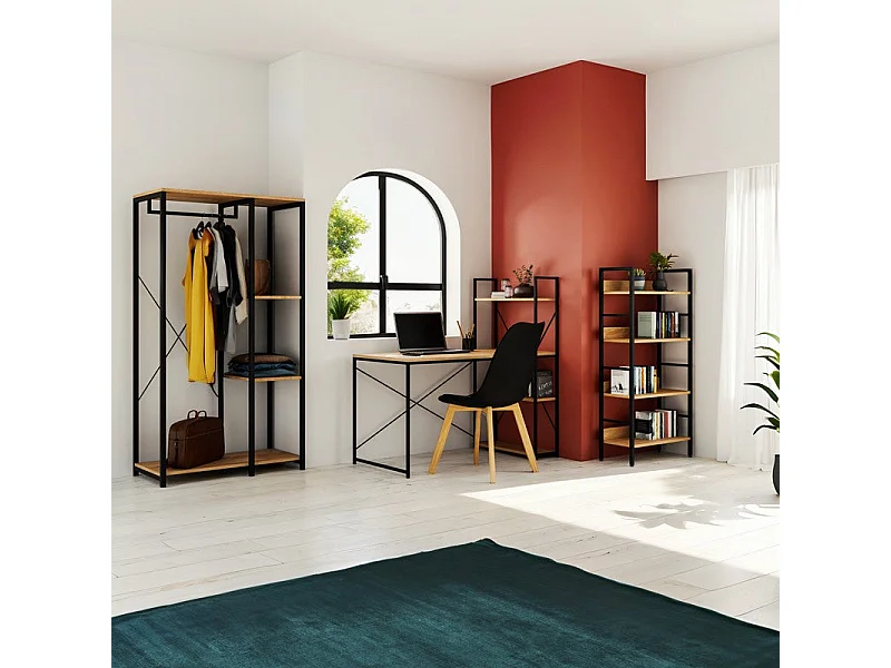 Omkeerbaar bureau met eikenhouten planken en zwart metalen frame, 122x64x120 cm