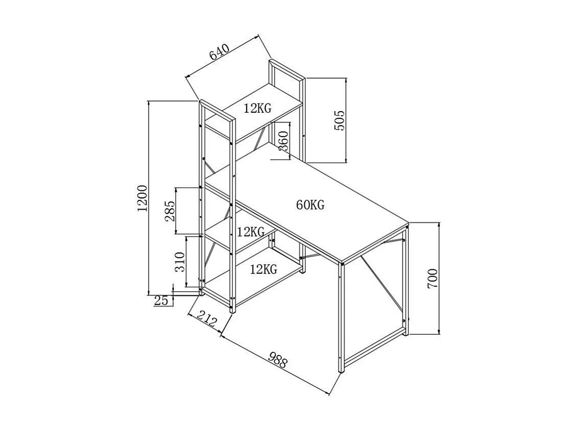 Omkeerbaar bureau met eikenhouten planken en zwart metalen frame, 122x64x120 cm