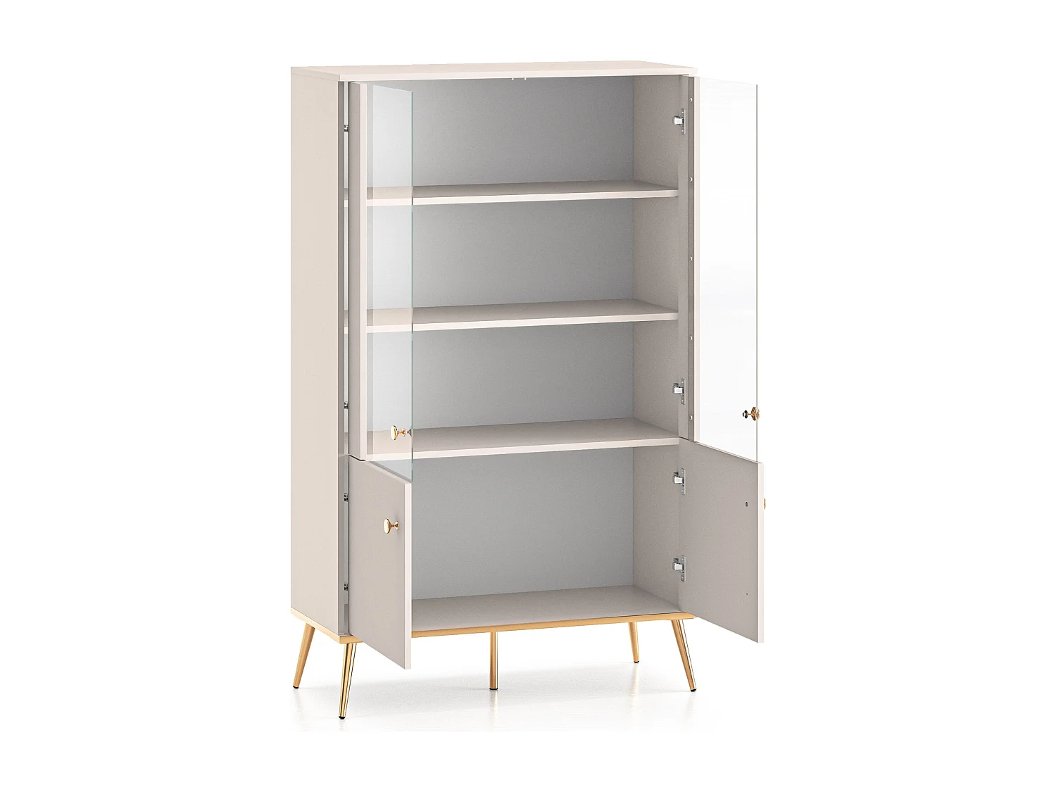 Vitrine basse - 4 porte - Grège avec pieds dorés - SELGIN