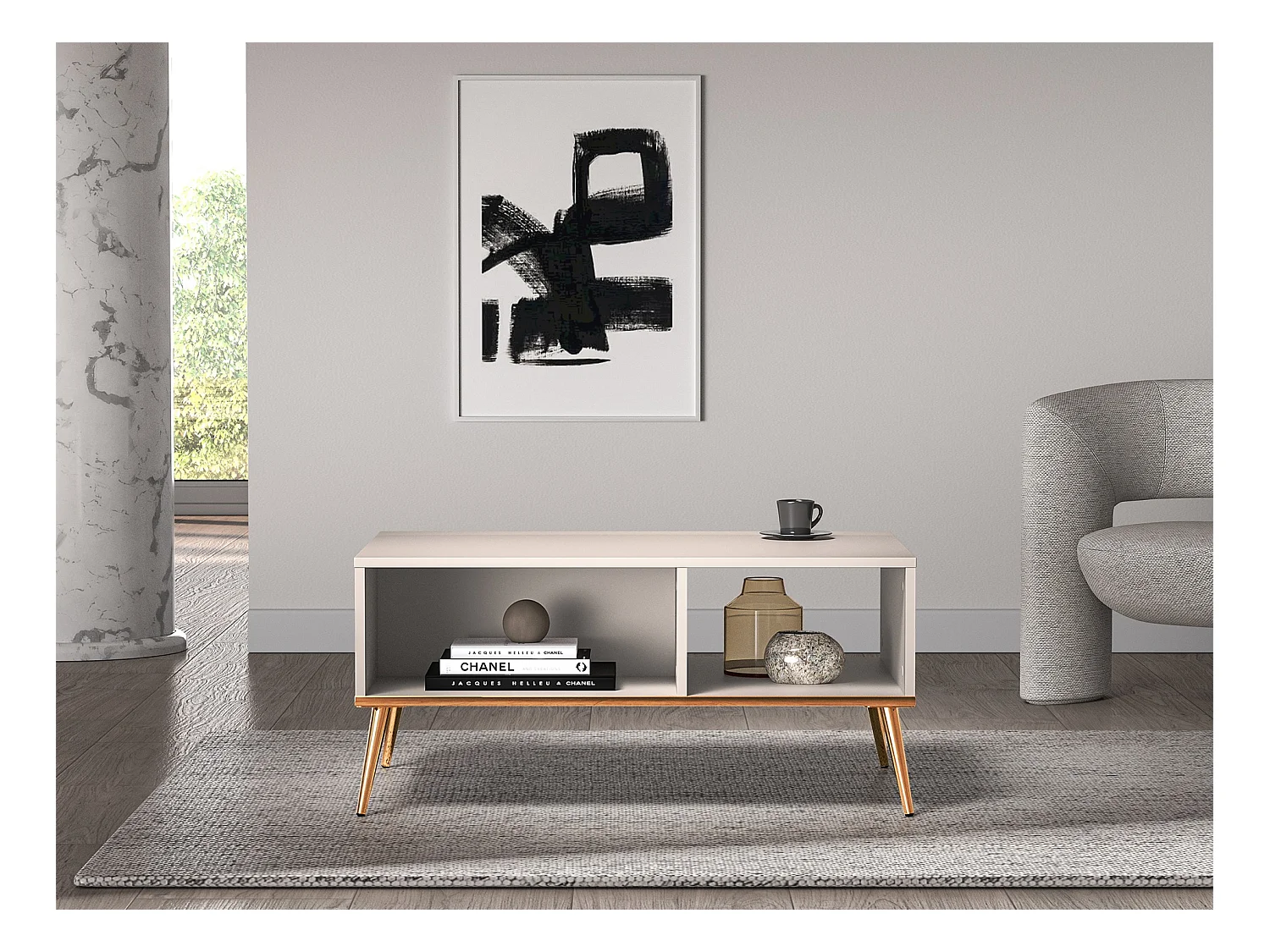 Table basse - 60x90 cm - Grège avec pieds dorés - SELGIN