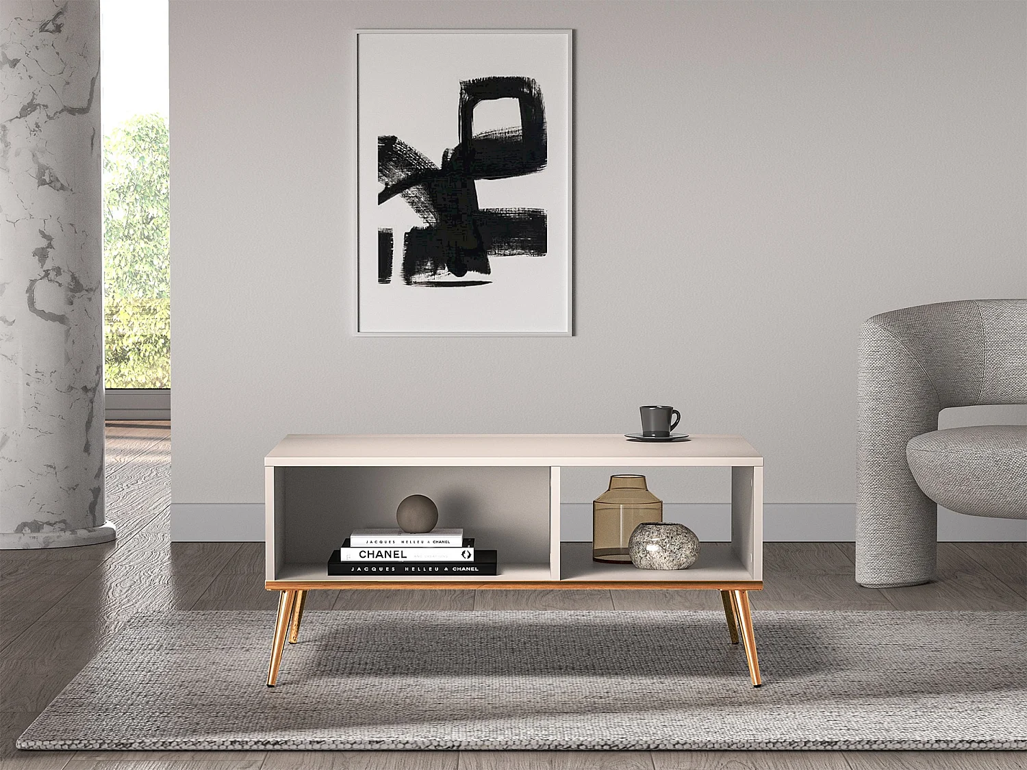 Salontafel - 60x90 cm - Greige met gouden poten - SELGIN