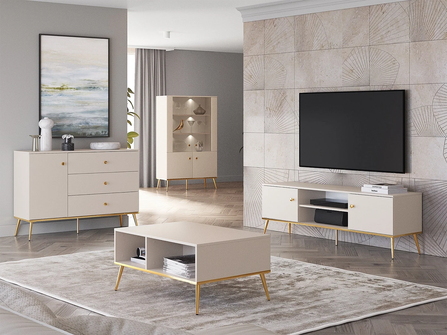 Table basse - 60x90 cm - Grège avec pieds dorés - SELGIN
