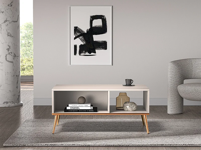 Table basse - 60x90 cm - Grège avec pieds dorés - SELGIN