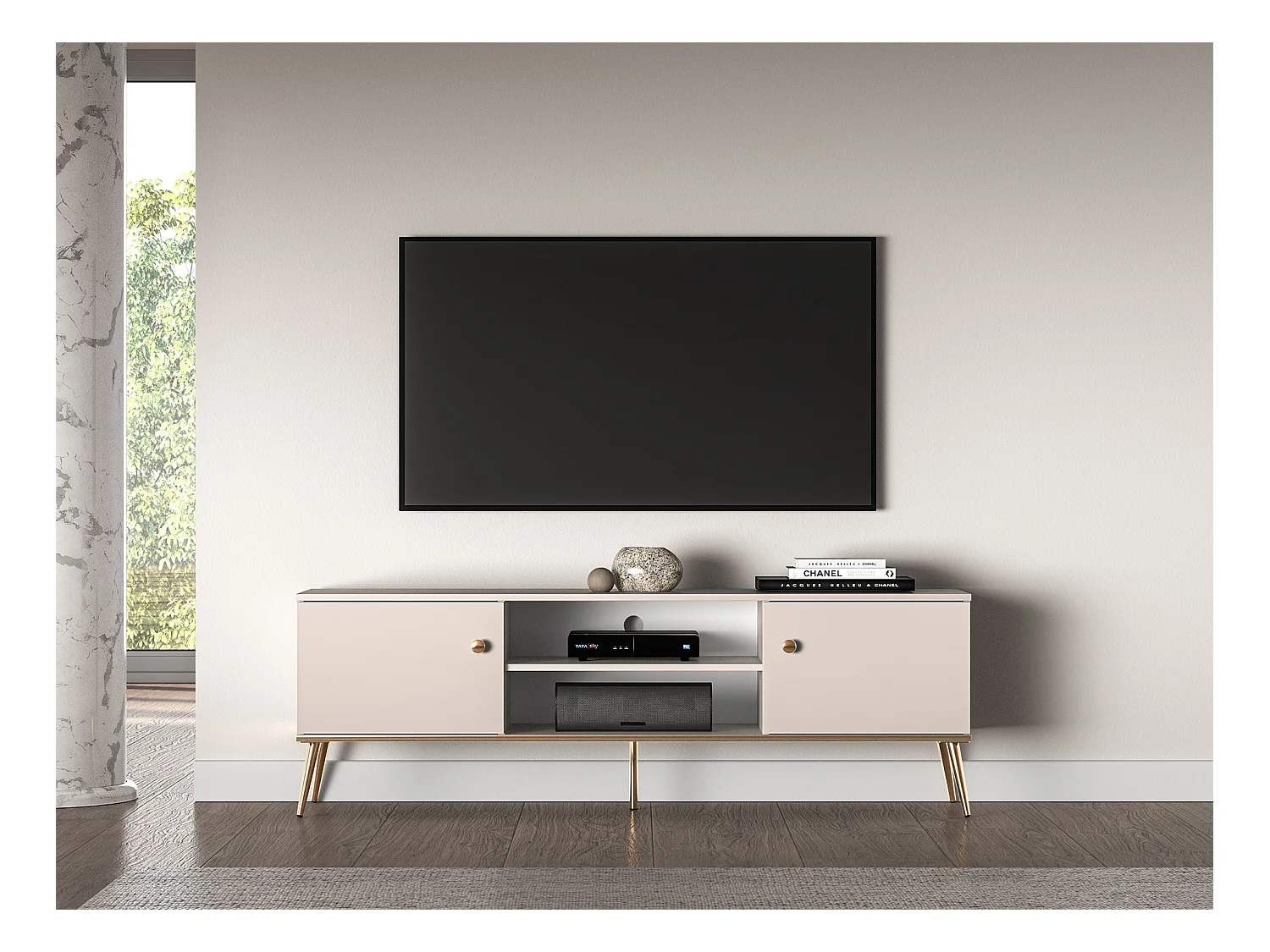 Meuble TV à deux portes - 160 cm - avec pieds dorés - grège - SELGIN