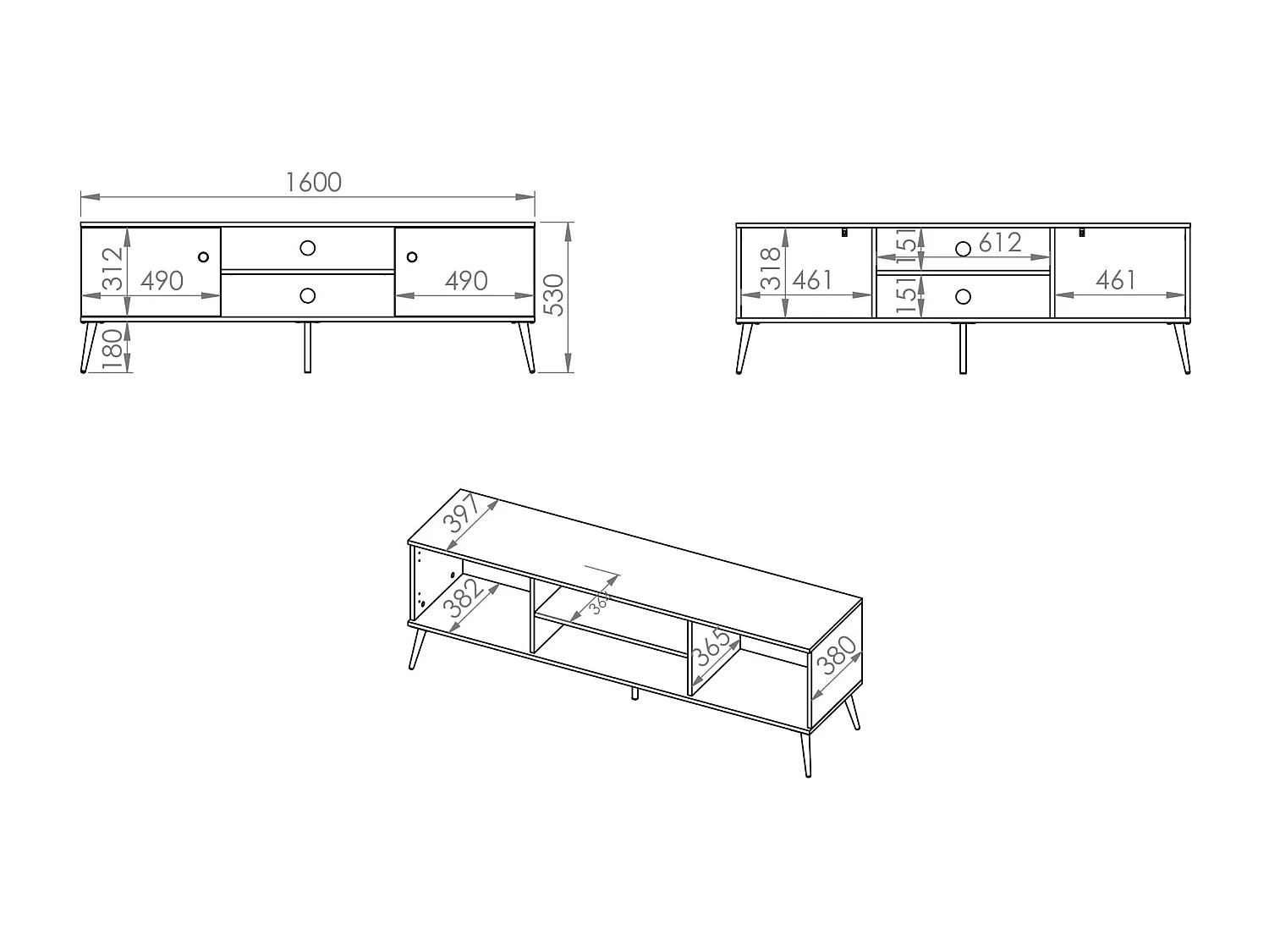Meuble TV à deux portes - 160 cm - avec pieds dorés - grège - SELGIN