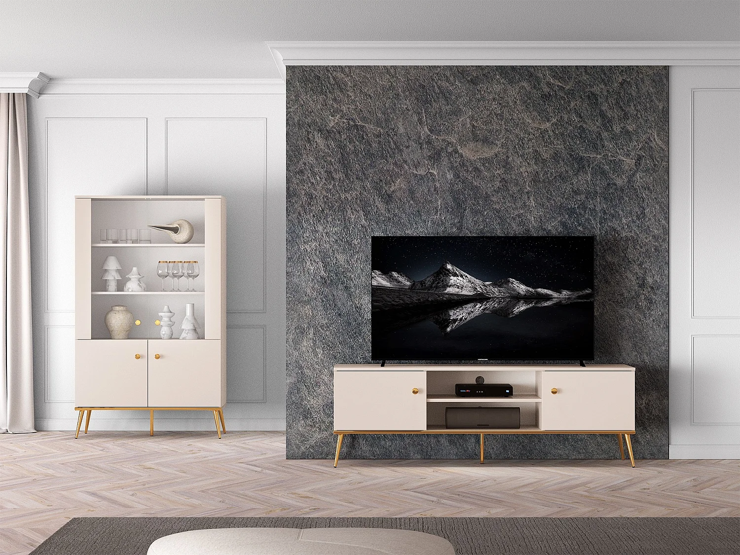 Meuble TV à deux portes - 160 cm - avec pieds dorés - grège - SELGIN