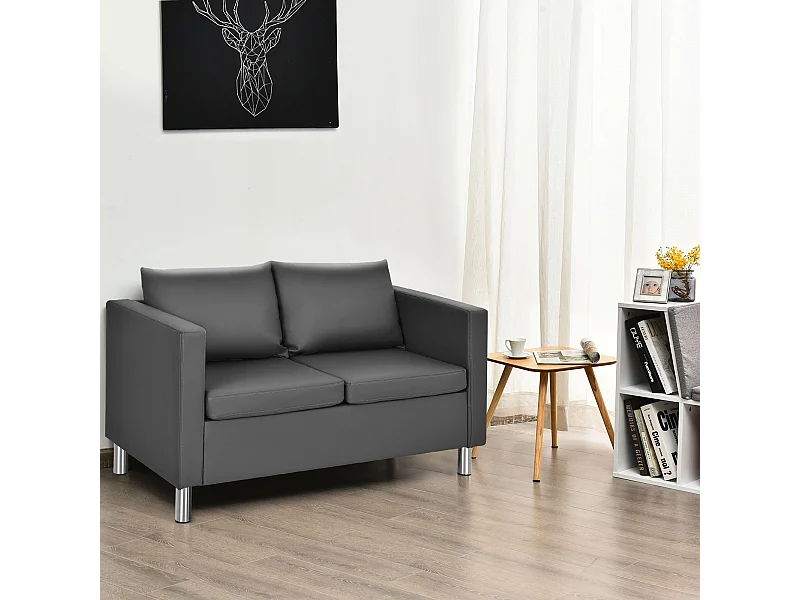 Divano moderno a 2 posti in pelle PU con morbido cuscino e gambe in metallo grigio 20_0006162