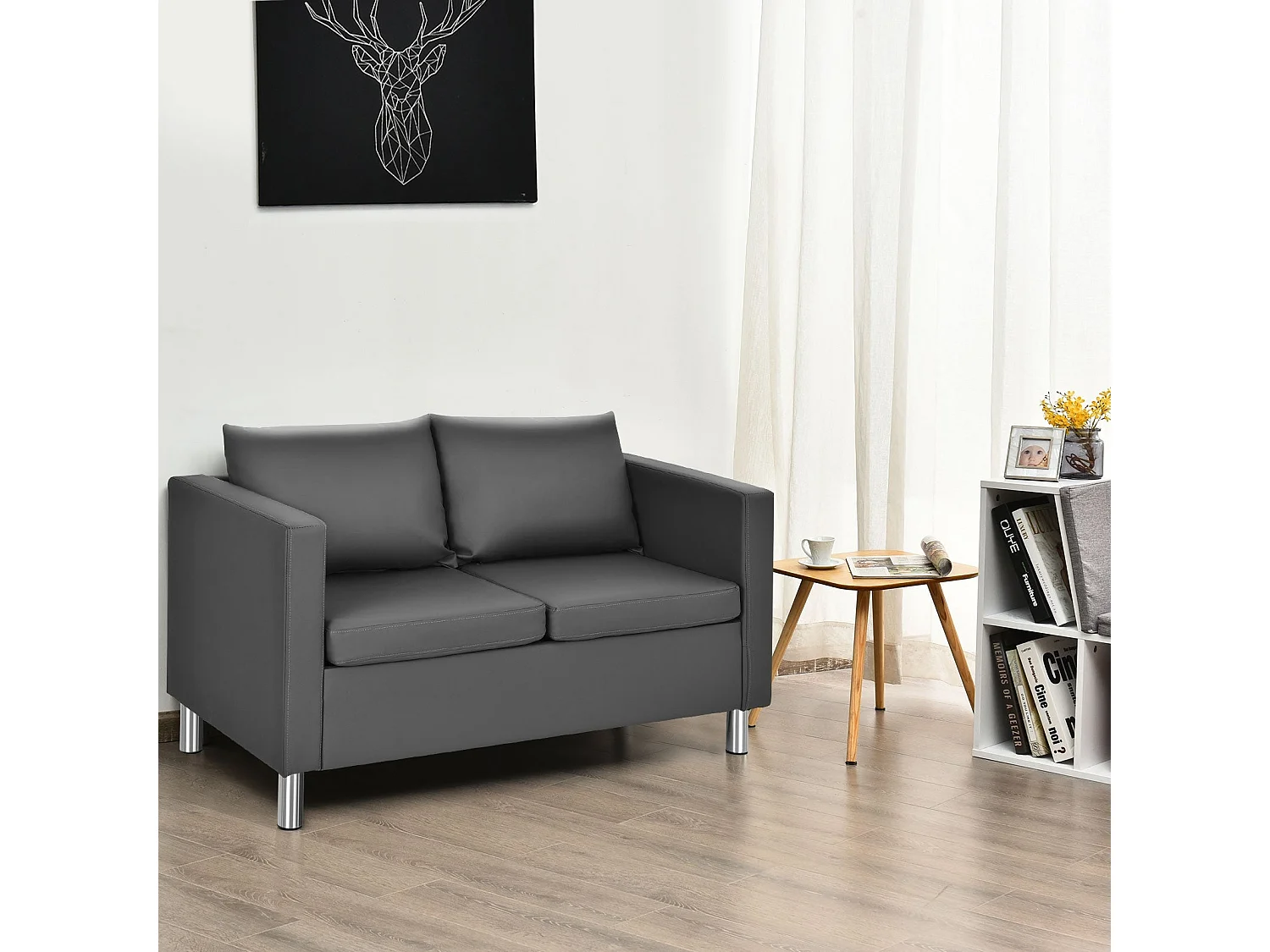 Divano moderno a 2 posti in pelle PU con morbido cuscino e gambe in metallo grigio 20_0006162