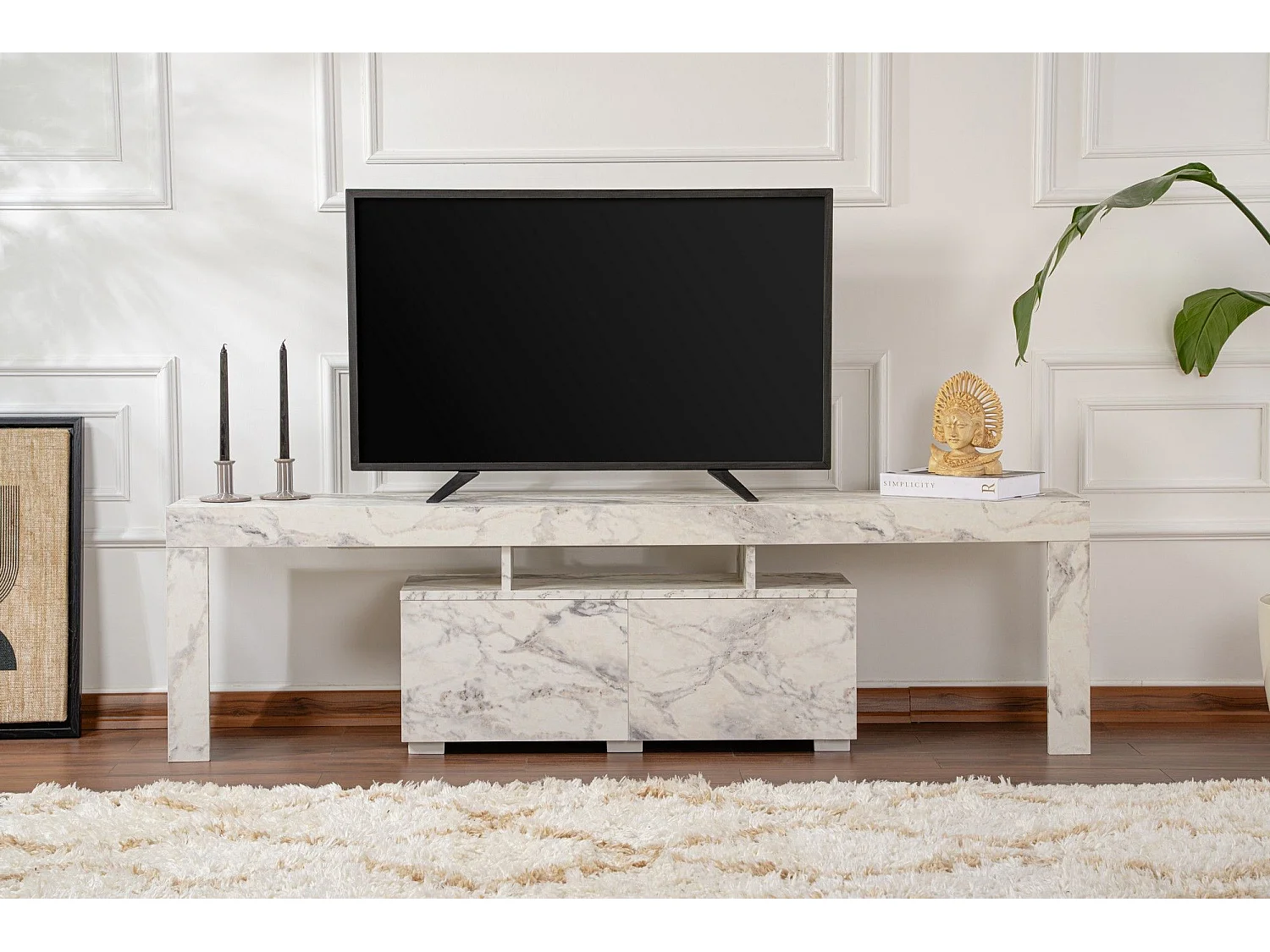 Meuble tv moderne 2 portes L180cm Diapazon Effet Marbre blanc